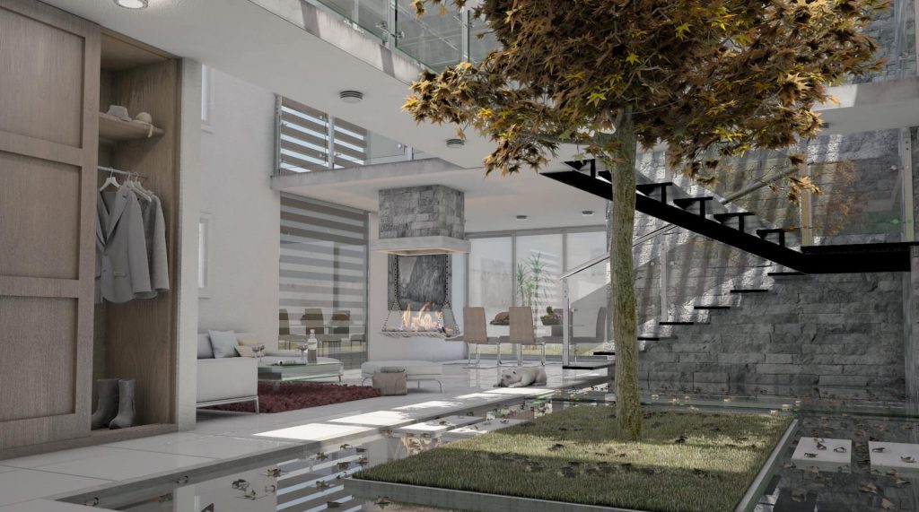 Render interior de diseño de casa en Metepec