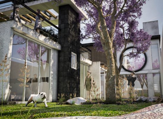 Render de casa con arboles de jacaranda