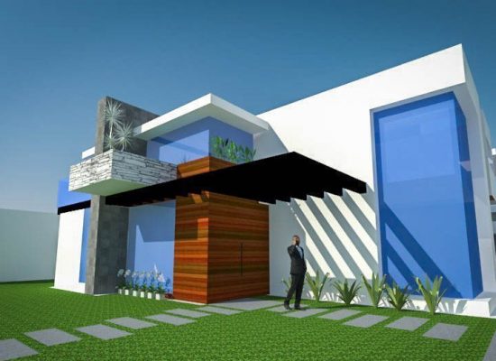 Render de casa con pergolado al entrar
